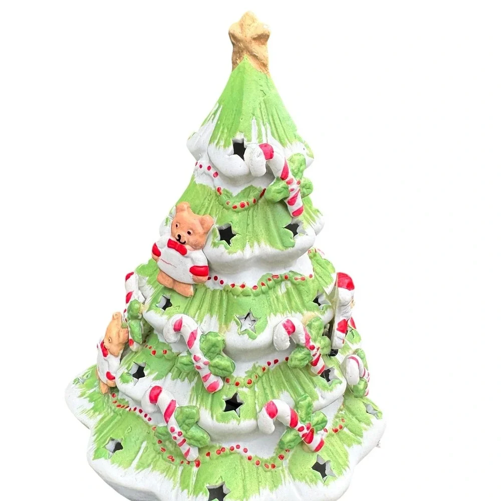 Vintage Ceramic Lighted Christmas Tree Santa Teddy Bear Candy Cane Star Cutouts